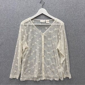 Vintage Y2K Top Sz 1X/XL Mesh Fairy Boho Lace Indie Coquette Embroidered Button